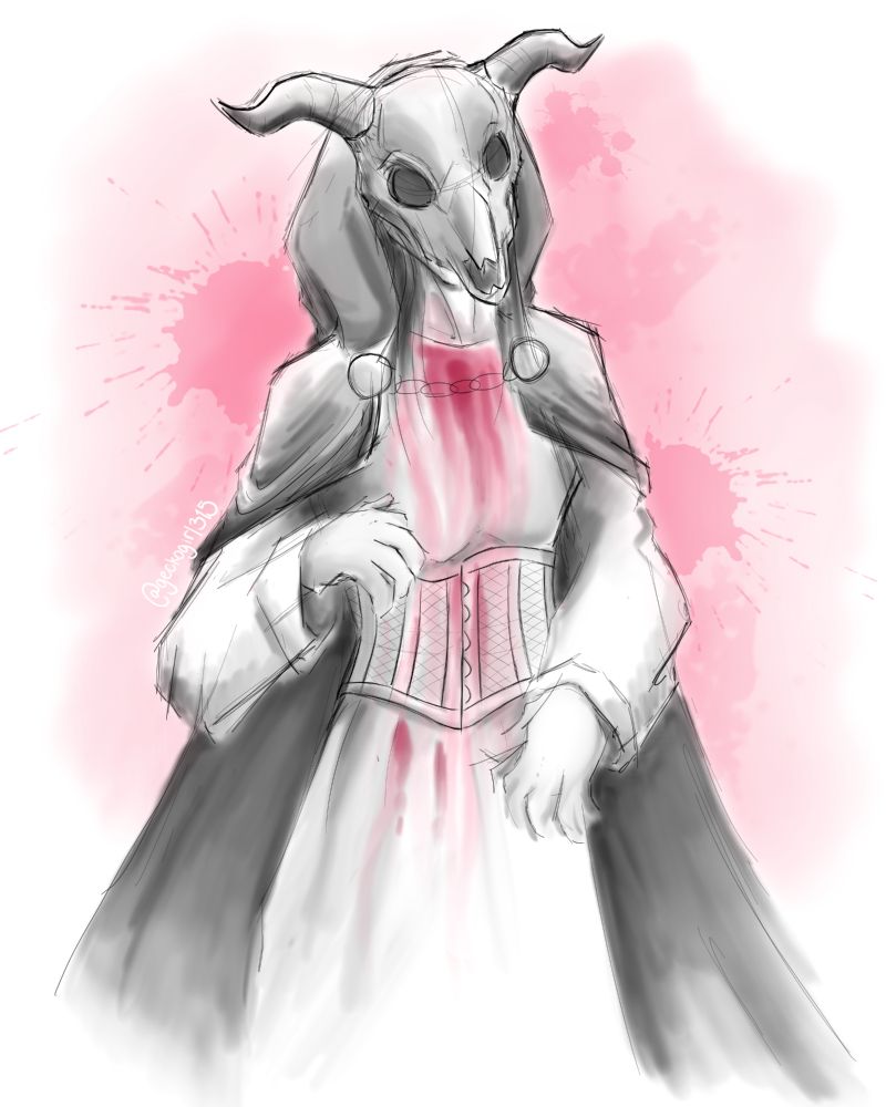 Sketch of a Universal Studios Orlando HHN scare actor in a hooded cloak and wearing a goat/ram mask. The front of the dress and corset are stained with blood.