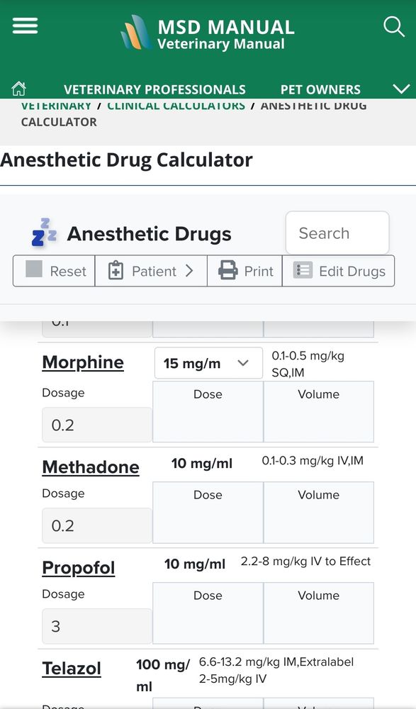 Calculadora de doses de anestésicos en animais https://www.msdvetmanual.com/multimedia/clinical-calculator/anesthetic-drug-calculator mostrando morfina, metadona, propofol e telazol