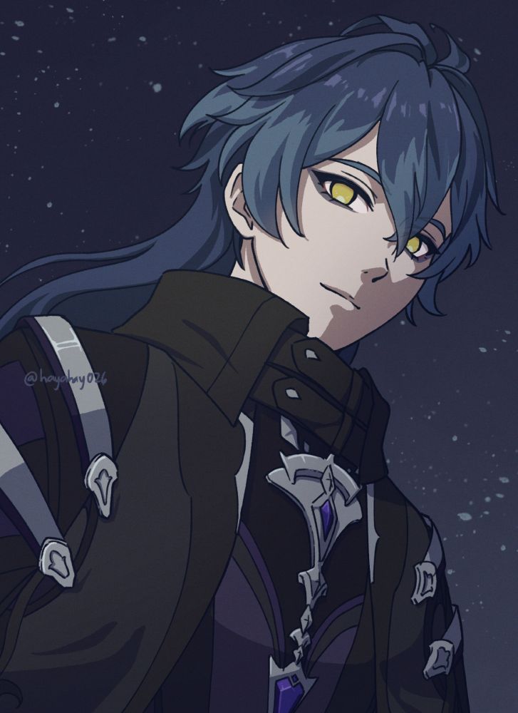 digital art of genshin's kyryll chudomirovich flins, a man with bright yellow eyes, dressed in shades of black. he is standing against the night sky while looking at the camera
