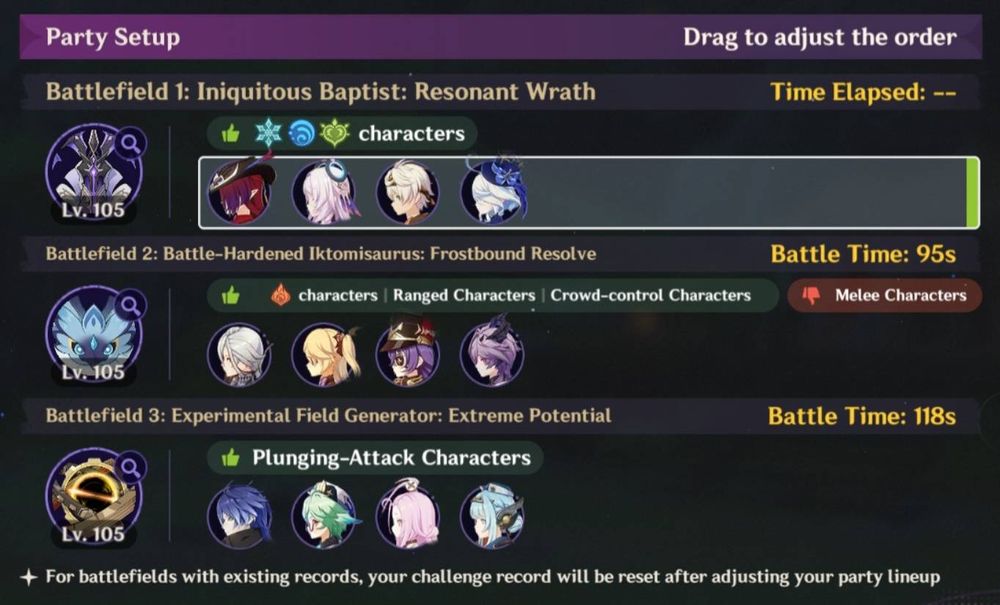 genshin screenshot, showing the teams i used for the stygian onslaught game mode. so far i've beaten two of the three bosses