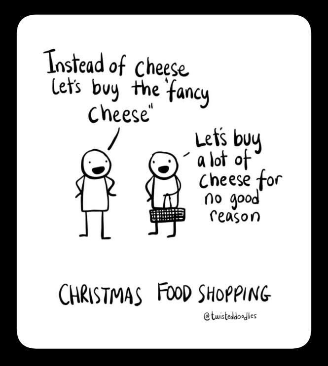 Stick figures talking about buying cheese for the holidays 