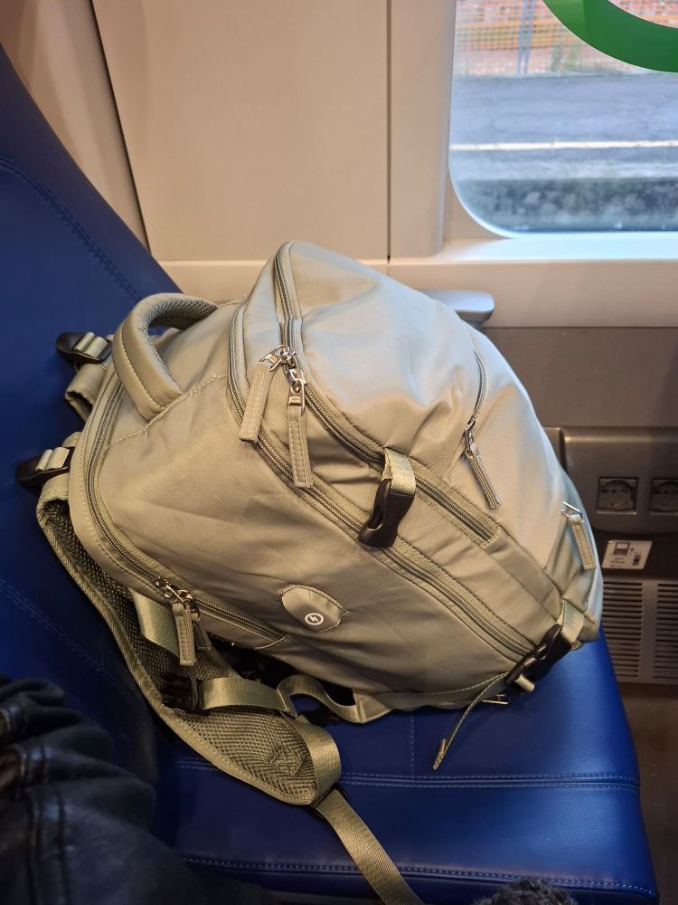 A backpack sit on a train seat