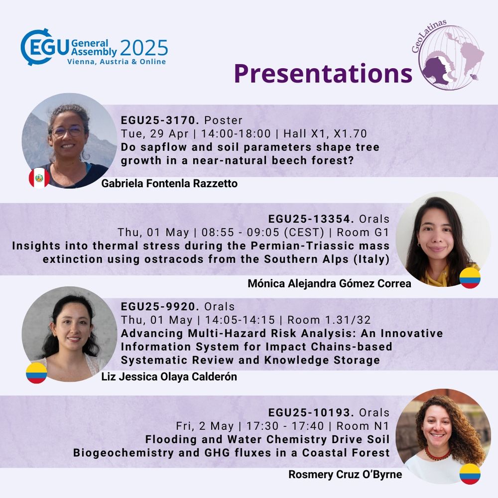 EGU General Assembly 2025, Vienna, Austria & Online
Presentations GeoLatinas
Headshot with a Peruvian Flag
Name: Gabriela Fontanela Razzetto
EGU25-3171. Poster
Tue, 29 Apr | 14:00 – 18:00 | Hall X1, X1.70
Title: Do sapflow and soil parameters shape tree growth in a near-natural beech forest?
Headshot with a Colombian Flag
Name: Mónica Alejandra Gómez Correa
EGU25-13354. Orals
Thu, 01 May | 08:55 – 09:05 | Room G1
Title: Insights into thermal stress during the Permian-Triassic mass extinction using ostracods from 
the Southern Alps (Italy)
Headshot with a Colombian Flag
Name: Liz Jessica Olaya Calderón
EGU25-9920. Orals
Thu, 01 May | 14:05-14:15 | Room 1.31/32
Title: Advancing multi-hazard risk analysis: an innovative information system for impact chainsbased systematic review and knowledge storage
Headshot with a Colombian Flag
Name: Rosmery Cruz O’Byrne
EGU25-10193. Orals
Fri, 02 May | 17:30-17:40 | Room N1
Title: Flooding and water chemistry drive soil biogeochemistry and GHG fluxes in a coastal fores