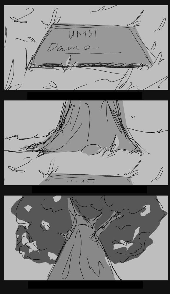 A part of the storyboard that consists of three black and white frames placed vertically. There is an ocean nameplate on the ground among grass. On the second frame the camera starts moving upward and the roots of a big tree become visible. On the third frame the camera is continue to move upward and the crown of the tree appears