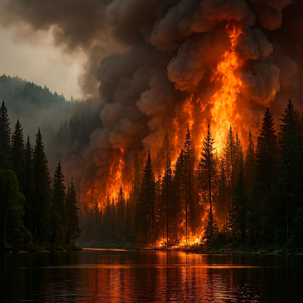 Forest fire with heavy smoke burning trees near Lake. 