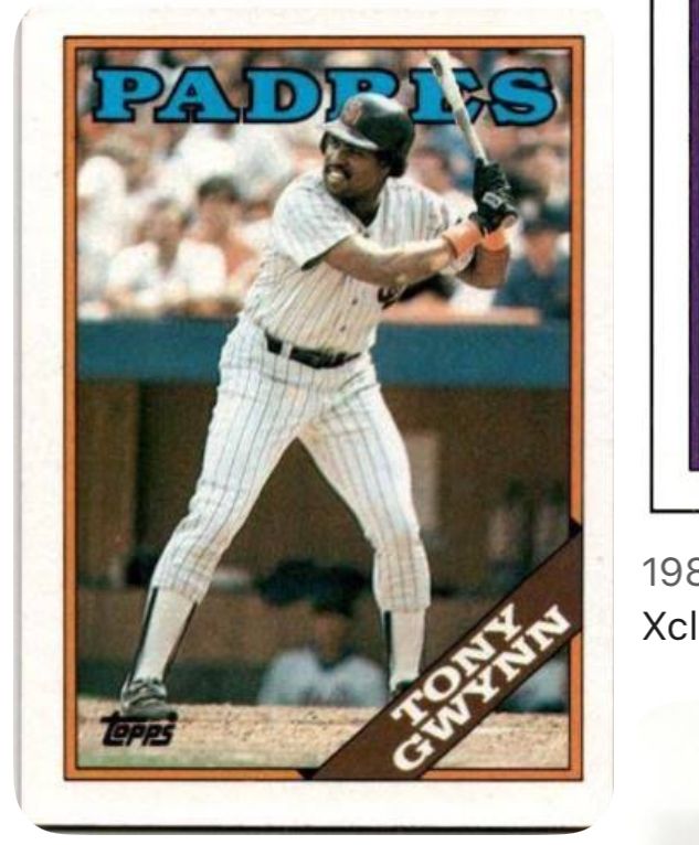Image of a 1988 Topps baseball card for Tony Gwynn. White border around a photo of Gwynn at bat in Padres home white pinstripes. Inner border is an orangey-brown color. “PADRES” floats across the top of the photo (appearing to be behind Gwynn’s head) in an electric blue puffy-but-blocky serif font. A brown ribbon diagonally across the bottom right corner of the card has “TONY GWYNN” in white in a similar, if not exactly identical, font. 