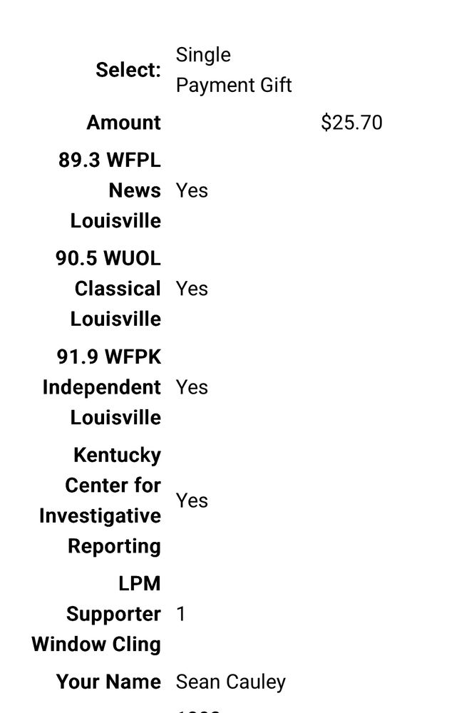 Screenshot of payment info