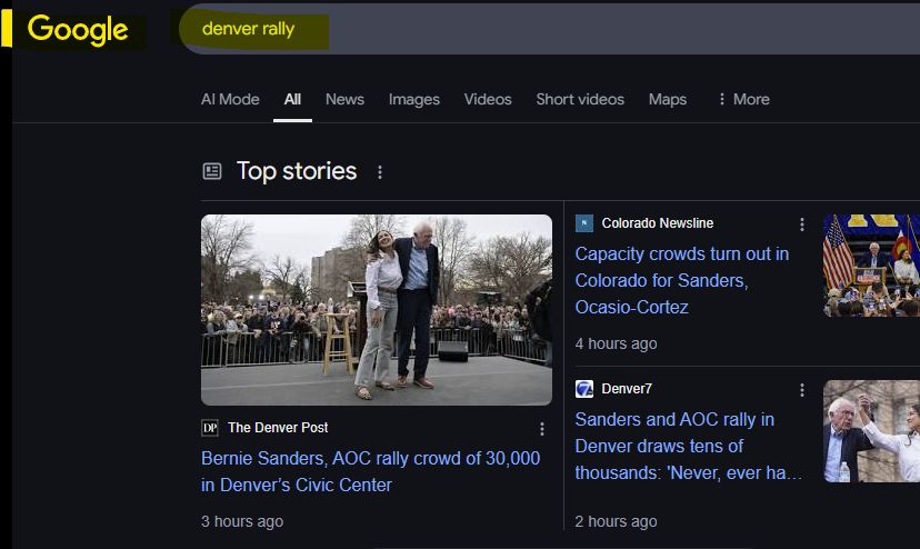 The same search on Google shows numerous reports of the 34,000 person "Fight Oligarchy" rally in Denver