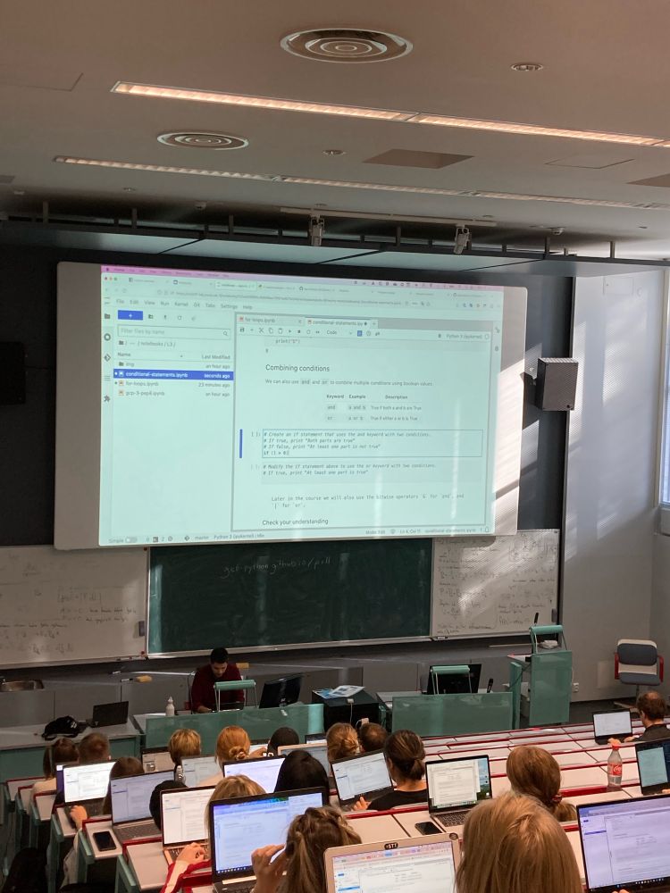 Lecture room with students using laptops to learn how to program