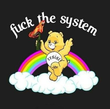 Care bear with the word "resist" on his belly. A Molotov Cocktail in one hand and giving the middle finger with the other. Above his head are the words "Fuck The System"
