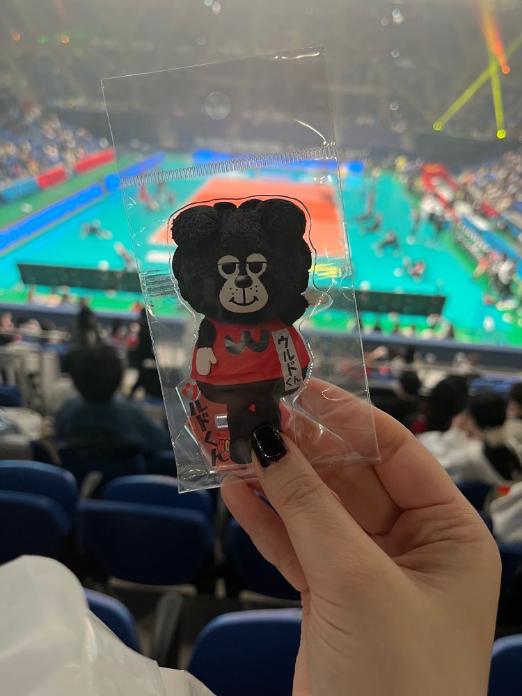 ウルフドッグズ名古屋、マスコットキャラクターのウルドくんアクスタを手で持っている画像。