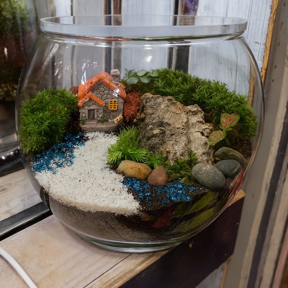 A round glass terrarium designed for a child, featuring a miniature stone cottage with an orange roof surrounded by lush moss, small decorative plants, and a piece of natural bark. A winding white sand path leads to the cottage, bordered by bright blue decorative stones and small pebbles, creating a whimsical, storybook-like scene.
