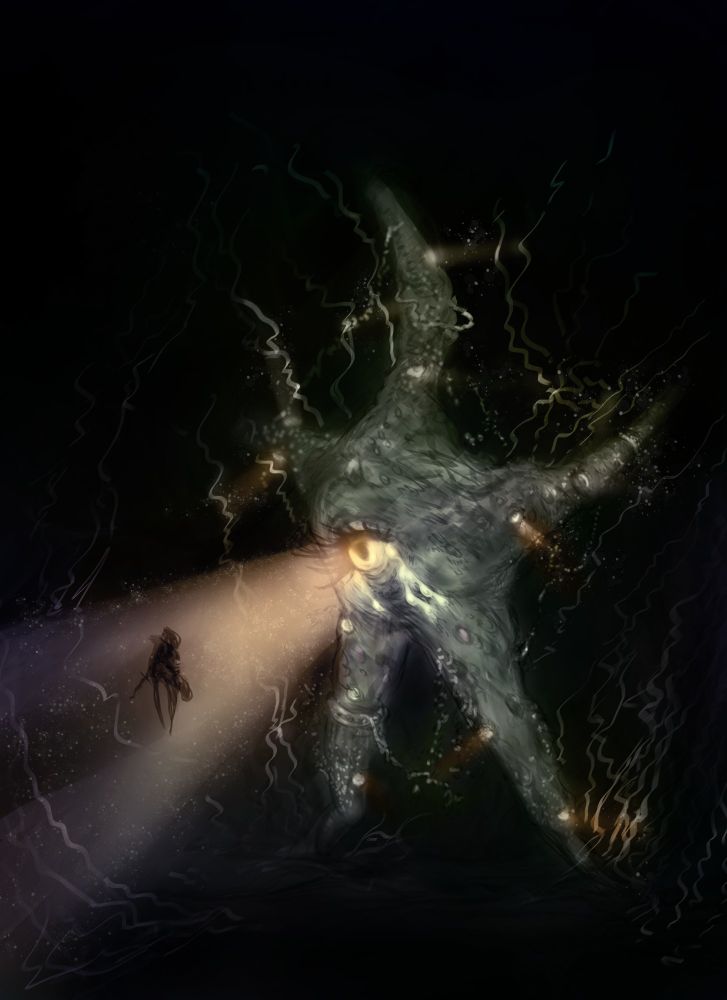 Fantasy Illustration of a monstrous seastar with a humanoid eye in its centre, it is several meters large and glowing radiance from its eye
