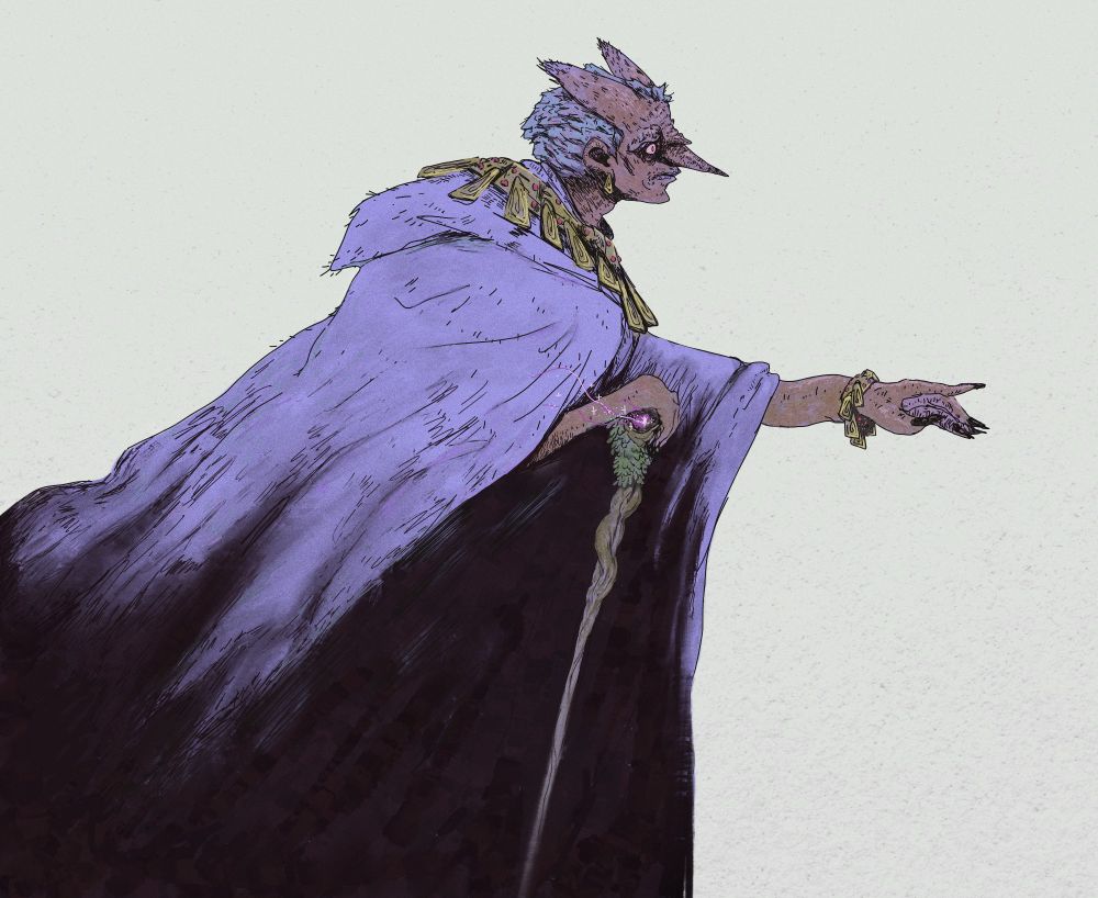 Art of a robed sorcerer pointing