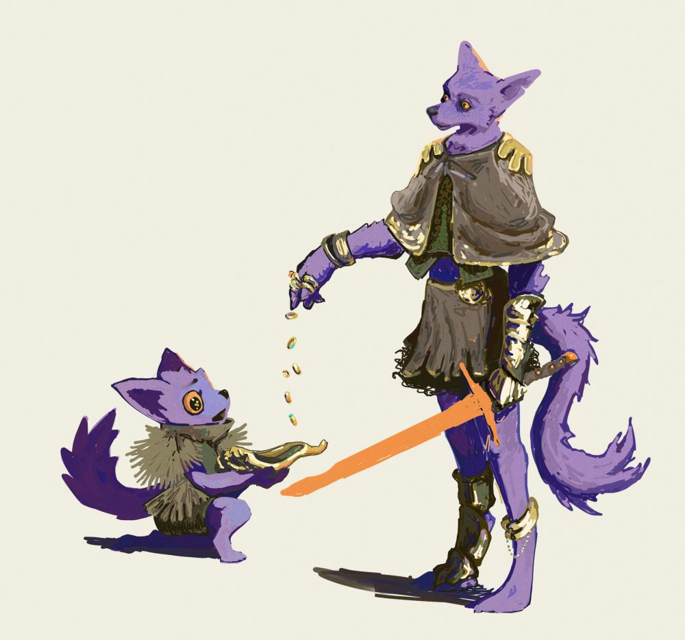 A purple and orange anthropomorphic dog furry with golden armor gives a gift of many rings to a child of the same race holding a holden cornucopia
