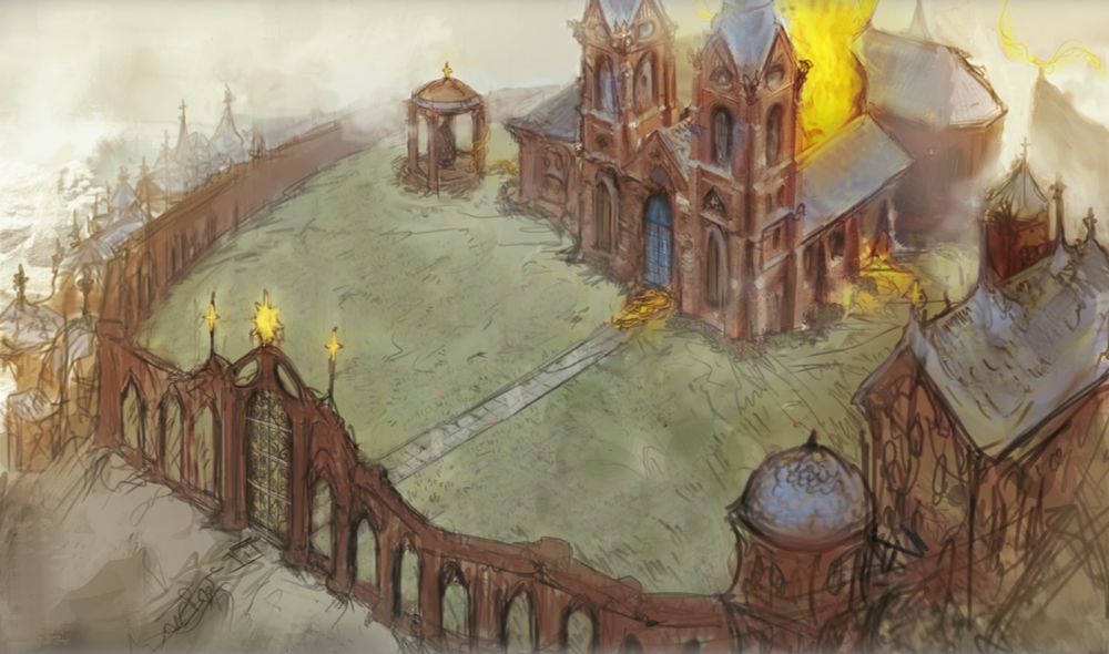 DnD Battlemap with churches and cathedrals, pseudo-isometric