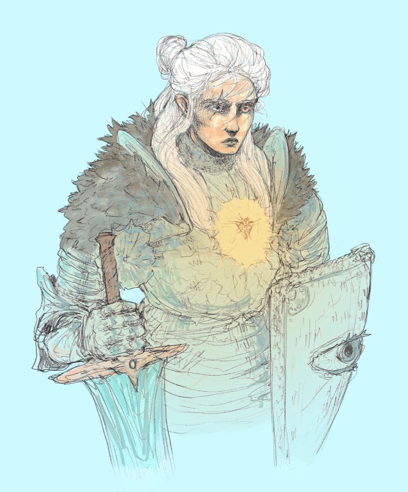 Art of an armored female Paladin with sword and shield, made for D&D