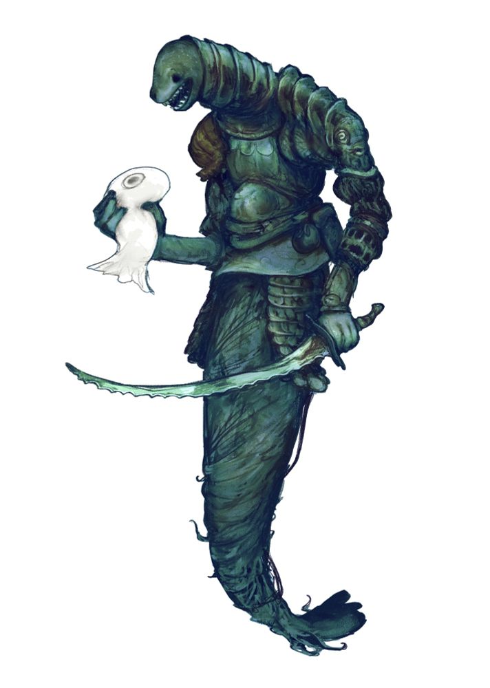 Leopard Seal Selkie holding a sad fish that he is about to slice and dice