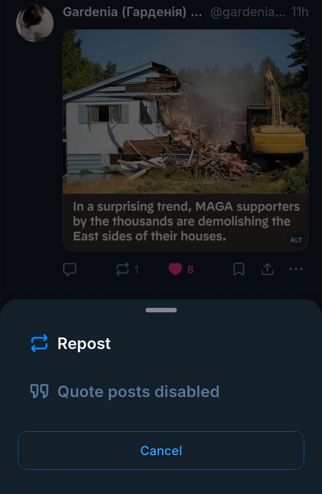Photo of a house being demolished. Caption: In a surprising trend, MAGA supporters by the thousands are demolishing the East sides of their houses.