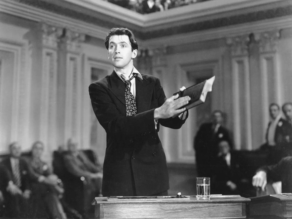 Jimmy Stewart as Jefferson Smith from the 1939 film, Mr Smith Goes to Washington, directed by Frank Capra.