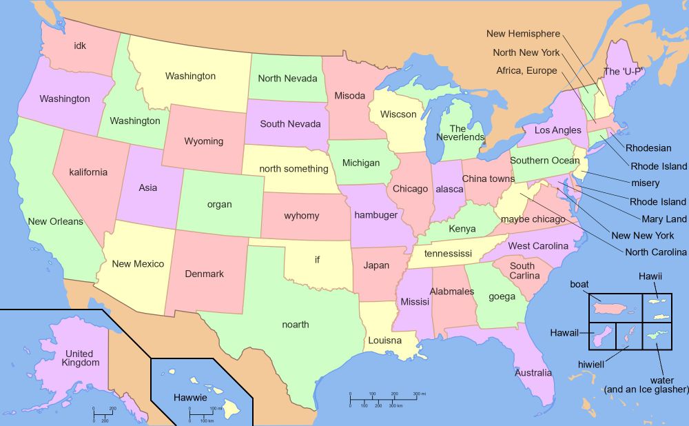 A map of the United States including its territories, except the names are all wrong. Except for Wyoming.