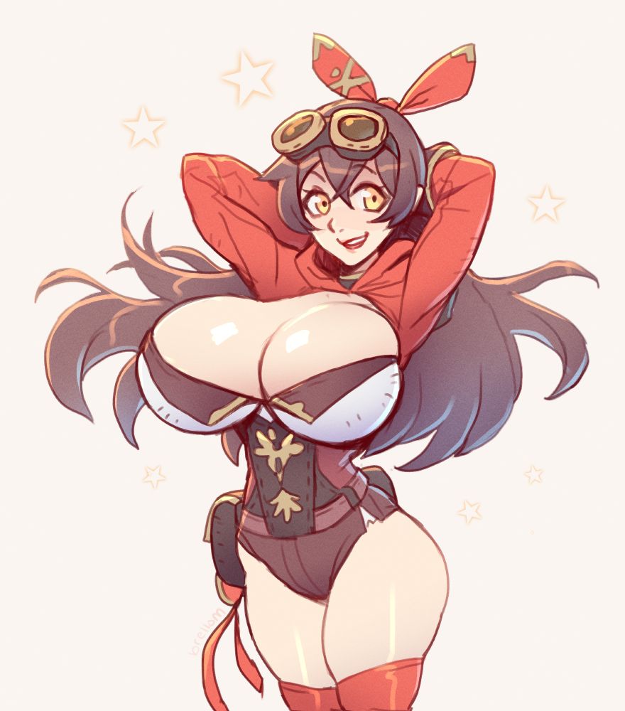 Sketch. Amber (Genshin Impact) depicted with exaggerated curves; large breasts and wide hips.