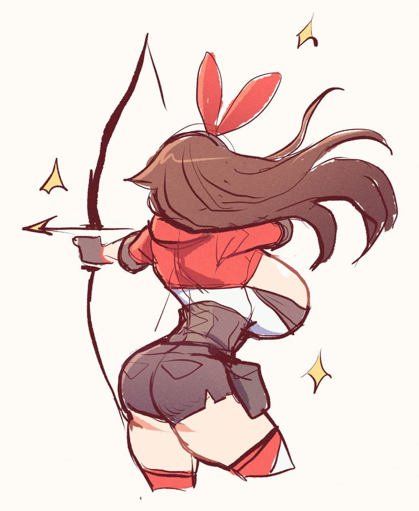 Sketch. Amber (Genshin Impact) depicted with exaggerated curves; large breasts and wide hips -- this time, viewed from behind so as to show her butt. She is drawing her bow.