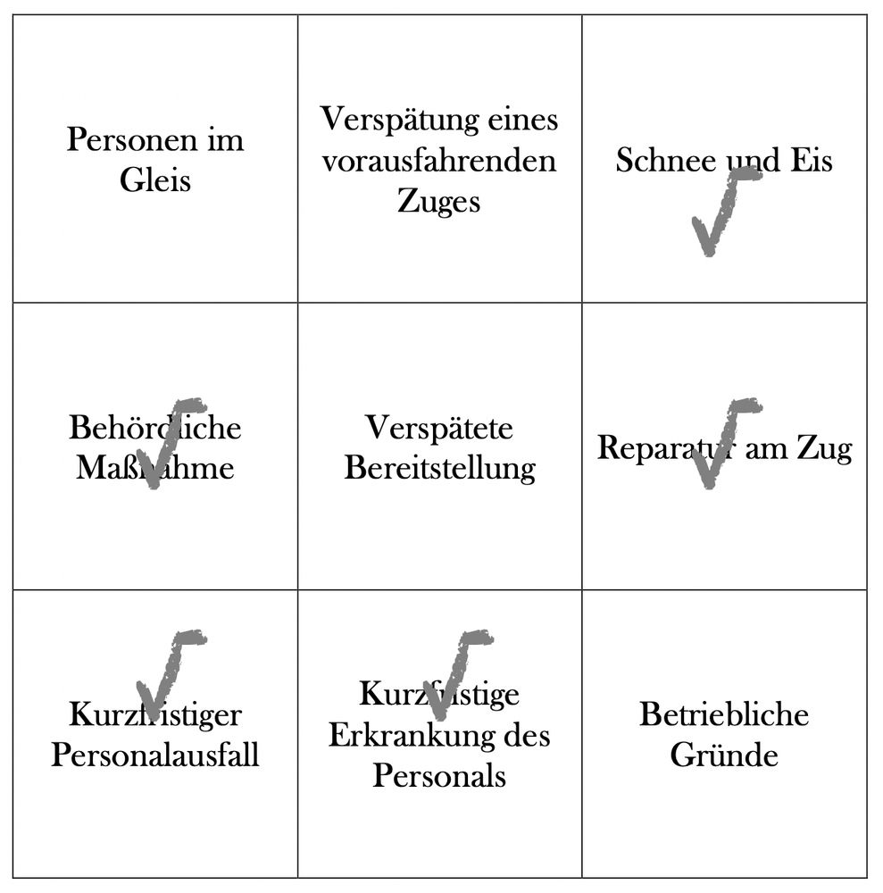 Bingoblatt mit drei mal drei Feldern, darin Begründungen wie "Schnee und Eis", "Verspätete Bereitstellung" etc. Fünf Felder sind mit Häkchen versehen, aber es ergibt sich noch keine Dreierreihe.