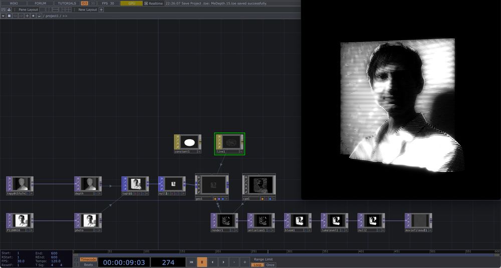 A screenshot of a TouchDesigner project interface. On the left side, a node-based network is shown with various operators, including depth, photo, geo, render, bloom, and null nodes. These nodes are connected in a visual effects pipeline. On the right side, the render output displays a black-and-white, horizontal-line stylized image of my photo selfpotrait with a high-contrast, 3D depth-mapped appearance.