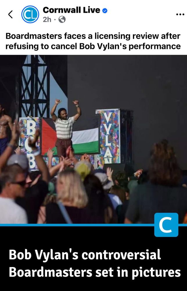 Cornwall live headline saying: <
Cornwall Live o 2h •
.. •
Boardmasters faces a licensing review after refusing to cancel Bob Vylan's performance