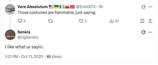 Screenshot of two replies to the Andy Ngo tweet about the "Antifa militant in the raccoon costume" 

First MAGA Chud: Those costumes are flammable, just saying.

Second MAGA Chud: I like what ur sayin.