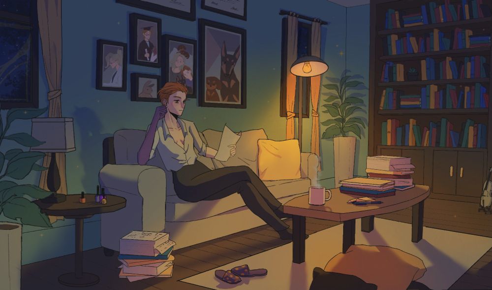 Moira from overwatch sitting in her living room while working late, behind her are pictures of her dogs and pictures of mercy from overwatch.