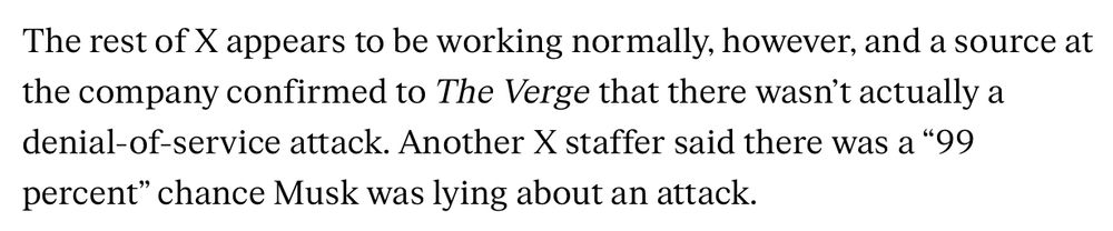 A quote from The Verge indicating sources inside Twitter say there was no DDoS attack last night.