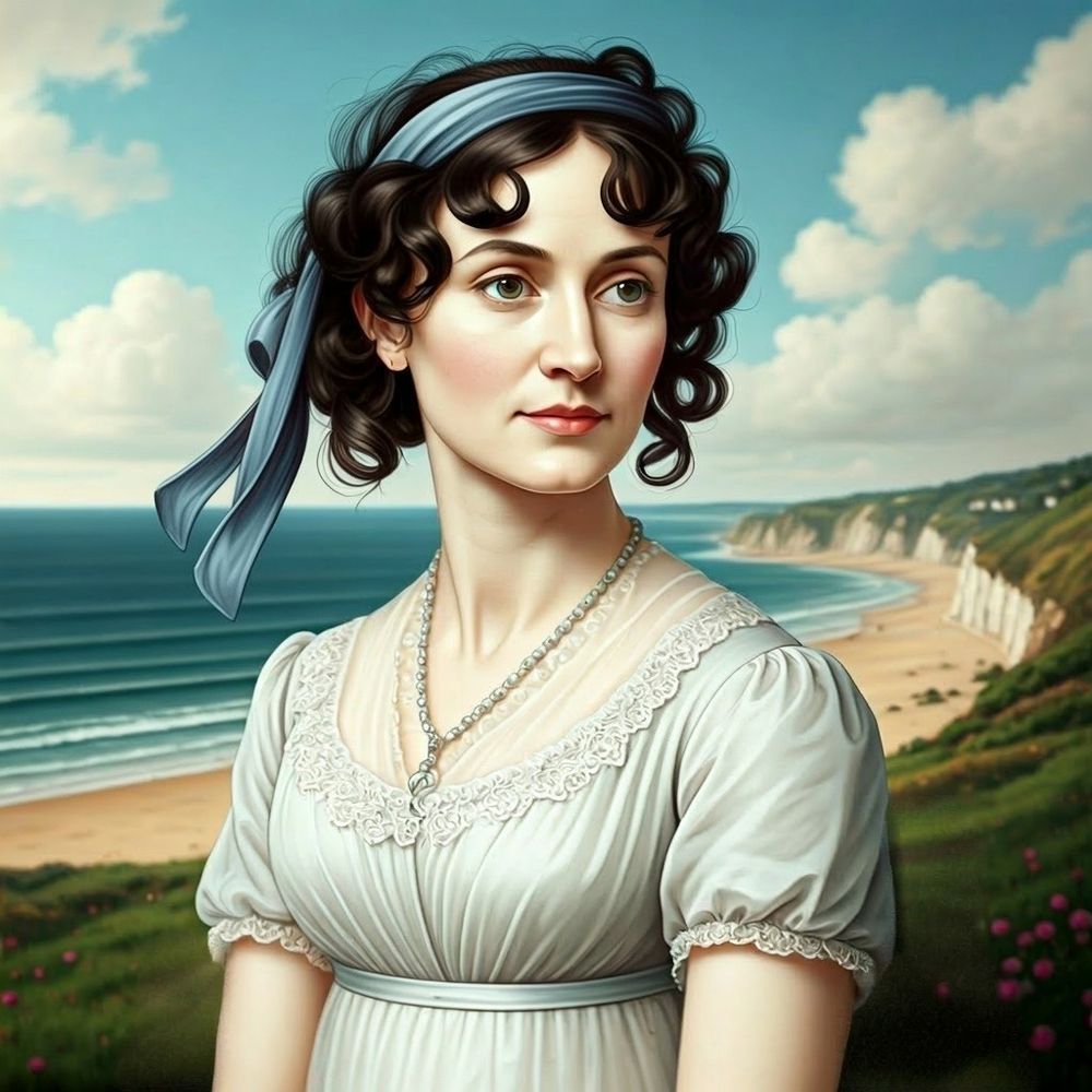 Image of Jane Austen in Lyme. The sea and cliffs are behind her. She's wearing a white Regency-style gown with short sleeves. Her hair and head scarf are tousled by the wind.