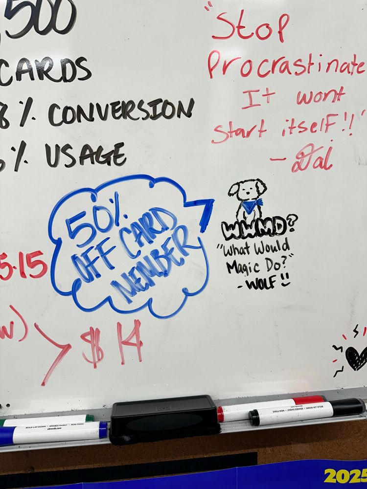 My drawing of the mascot (Magic, the puppy) on the leader’s whiteboard. She stayed up for quite some time