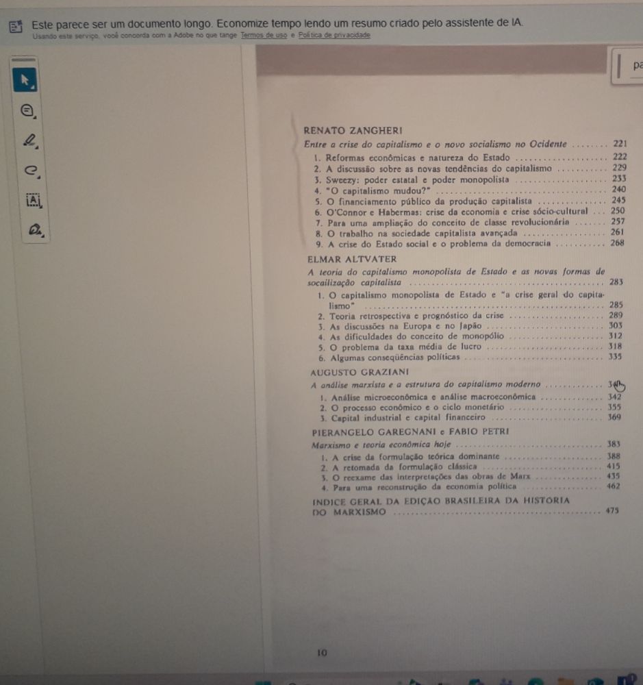 Mensagem do Adobe:
"Este parece ser um documento longo. Economize tempo lendo um resumo criado pelo assistente de IA."