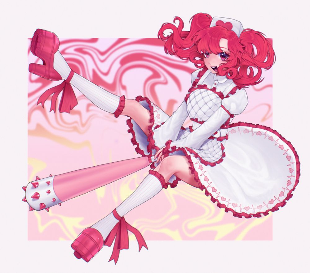 a magical girl esc character, they have a white nurse themed dress with pink trim, pink platform boots with bows, and pink hair in a twintail style, they are holding a pink and white spiked bat 