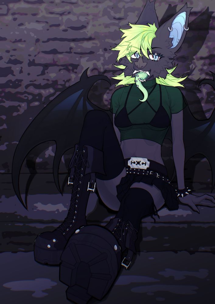 a punk/alt anthro bat, she has dark grey fur with bright green hair, blue inner eats and a pale mint long tongue with piercings down it, she has a green crop top with a black bikini top over it, a black short with with two belts, one is studded and one has a razor place buckle. she has thigh high socks and knee high platform boots. she is looking at the viewer and sitting on a grungy curb in front of a brick wall. 