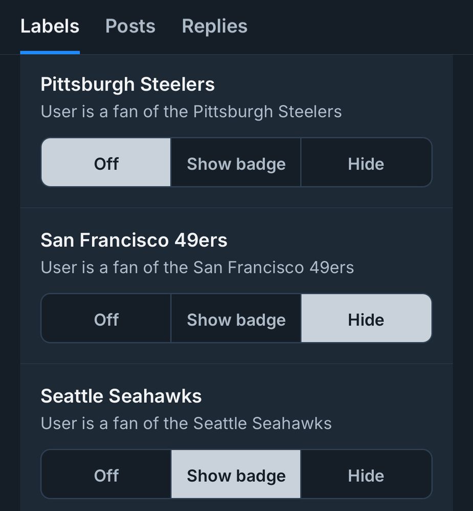 Screenshot of the NFL labeler, showing settings to hide posts by San Francisco 49ers fans, and to display the Seattle Seahawks label on the user’s profile. 