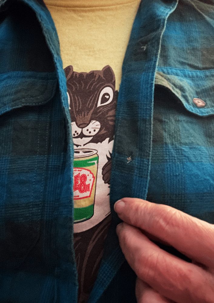 Close view of the front of a person's shirt. They're wearing a deep cyan/dark green plaid flannel shirt and their hand is opening the front of it to reveal the tee shirt underneath. The tee is pale yellow and has a picture of a squirrel holding a soda can branded Ale 81 which is made in the US, in Kentucky. 