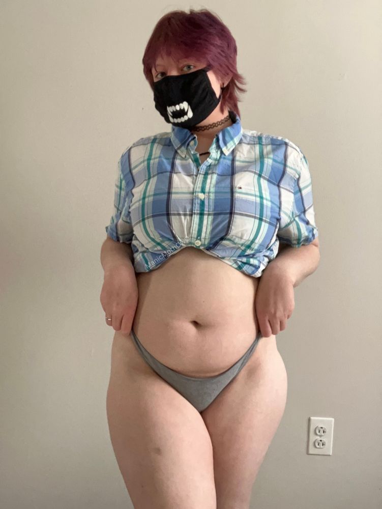 moth knee up wearing only gray panties that they are pulling up and a cropped blue and white button up