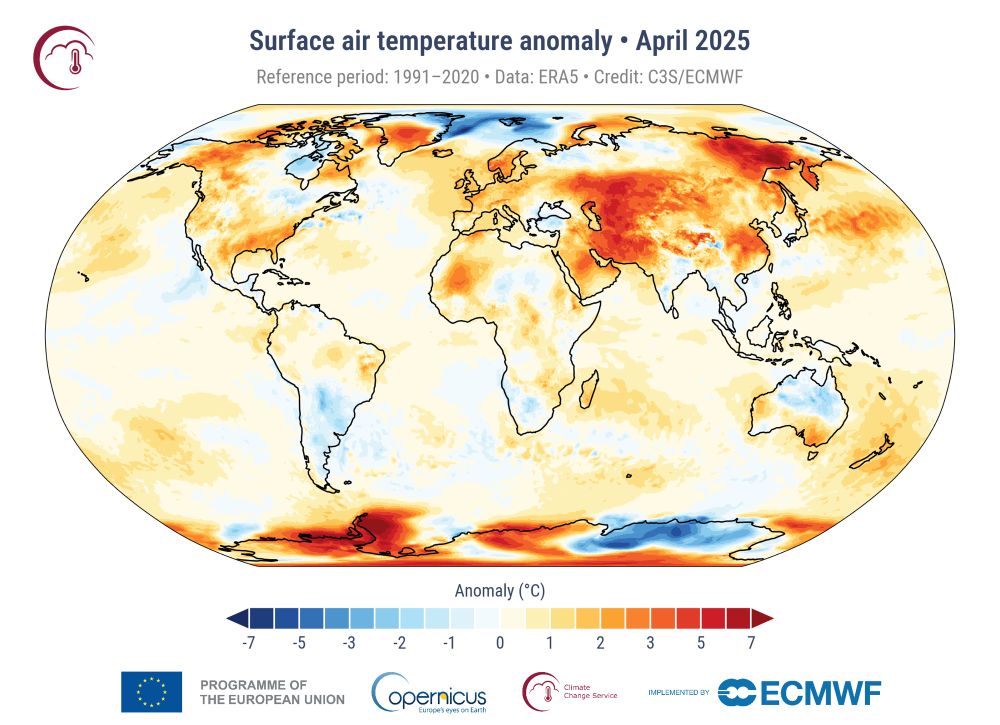 Image showing surface air temperature anomaly for April 2025