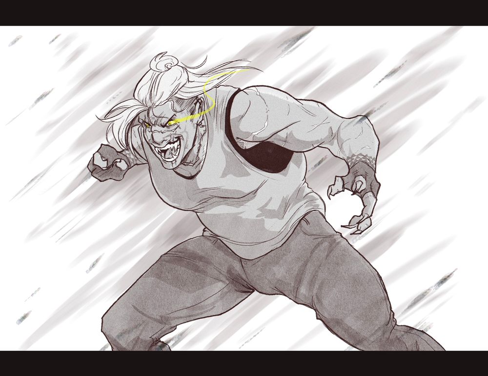 A large, muscular woman posed in mid-lunge, her mouth open as if excitedly yelling to fight.