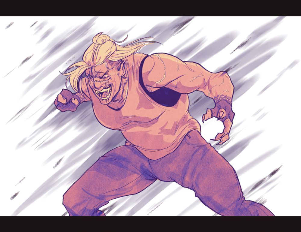 A large, muscular woman posed in mid-lunge, her mouth open as if excitedly yelling to fight.