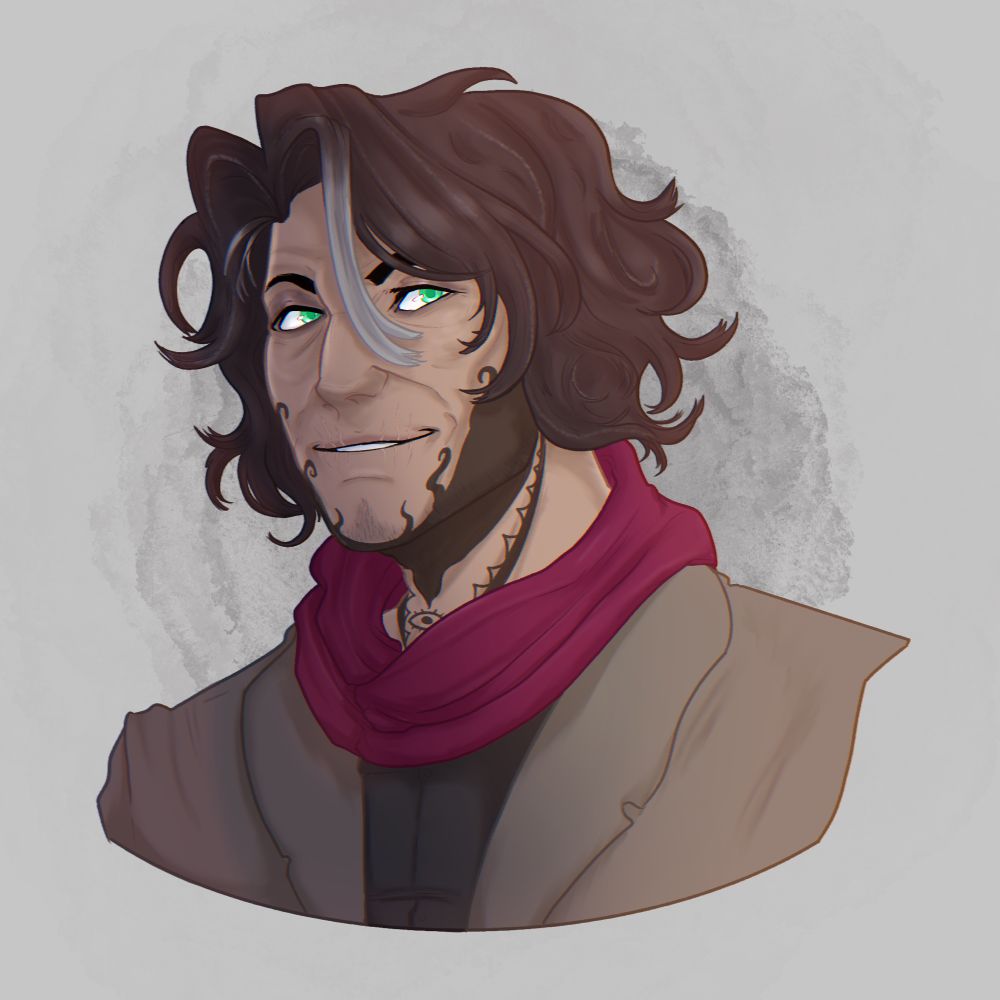 A man with wild and wavy brown hair with white streaks, unnaturally bright teal eyes, scarred lips and a tattooed jaw and neck. He wears a tan coat and magenta scarf, shown from the shoulders up.