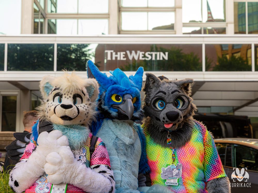 A photo of me in my toony gray wolf fursuit, Lost in his blue gryphon fursuit, and Nightwish in his white cheetah fursuit, in front of the Westin