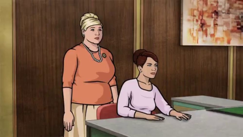 a cartoon of two women standing next to each other in a room