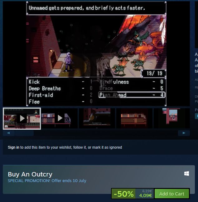 A screenshot of the game "An Outcry"'s steam page. It is 50% off.