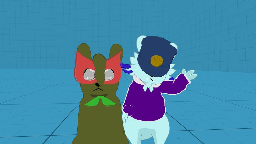 My Slugcat OC, the Sunnyday, and my friends Slugcat OC, the Prepared, posing in front of the camera.
Sunnyday is an olive green Slugcat with white eyes and a black, heart-shaped nose. He wears a pink mask made out of flower petals and a bowtie made out of leafs. His most defining feature is the twisted appendage resembling a bang that dangles between his eyes.
The Prepared is a pale blue Slugcat with both Saint's fur and Rivulet's gills. They wear a purple jacket and a blue hat with the survivor symbol on it. While not visible in this picture, they also have a scar.