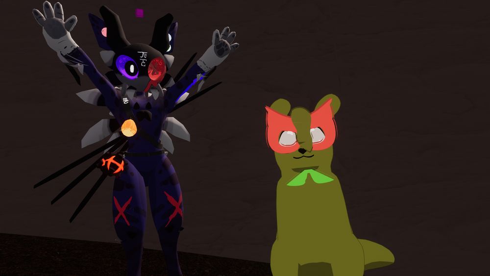My Slugcat OC, the Sunnyday, smiling with my friends Scavenger OC, the Wandering Martyr.